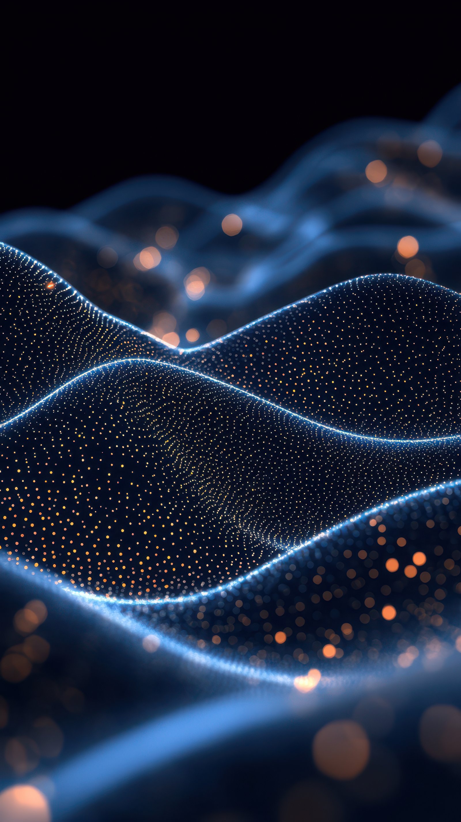 Digital waves illuminated by glowing particles create a mesmerizing visual effect in a dark environment